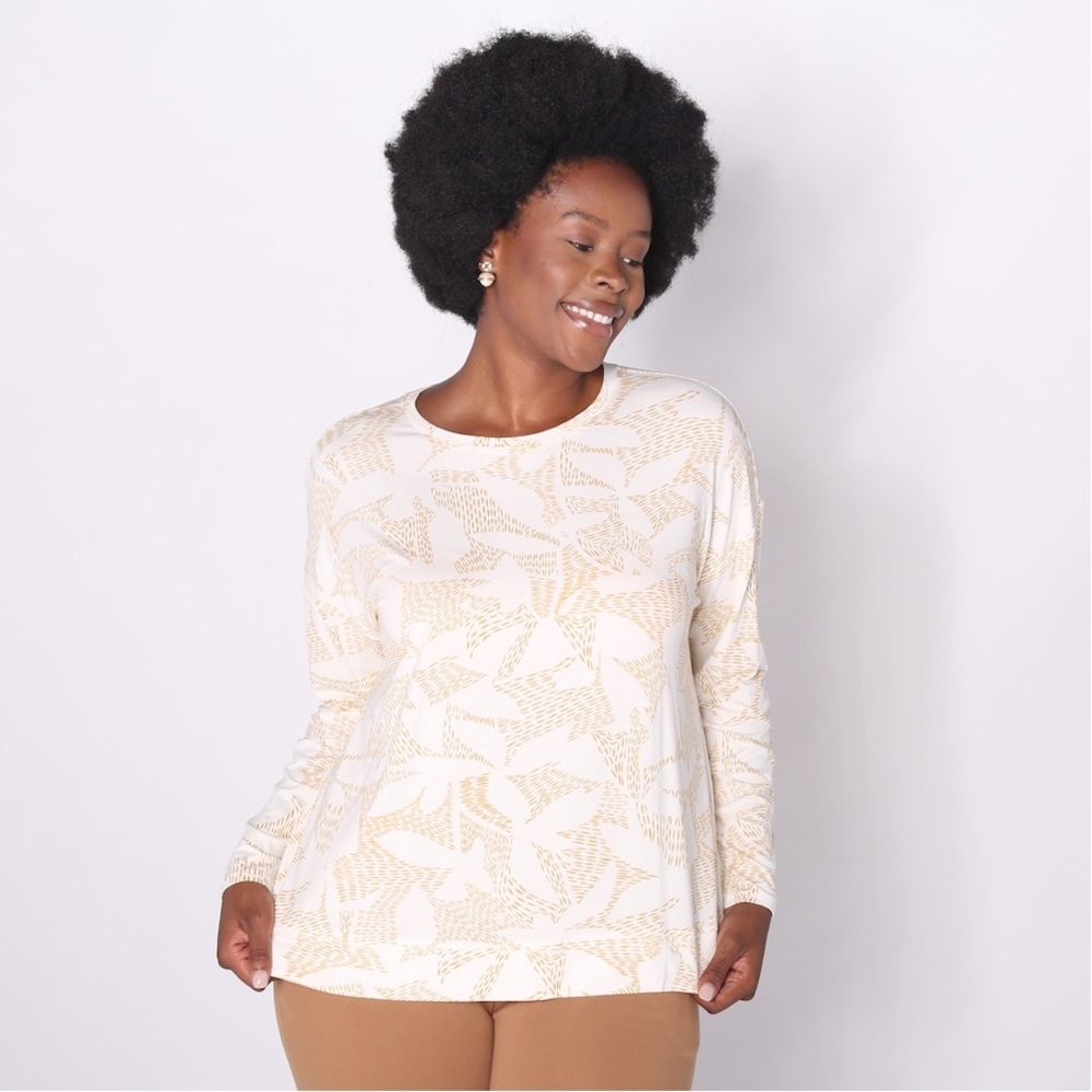 MarlaWynne Cream Long-Sleeve Top with Beige Leaf Print